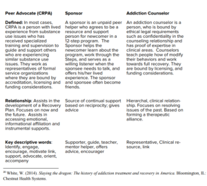 Types of peer service professions for addiction and substance use disorder