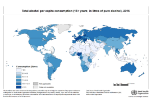 WHO world heat map of total alcohol consumption by geographic region