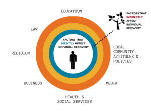 Education, law, religion, business, health and social services, media, local community attitudes and policies