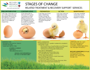INFOGRAPHIC OF CHICK HATCHING REPRESENTING CHANGES IN BEHAVIOR TO ACHIEVE RECOVERY FROM ALCOHOL AND DRUG ABUSE